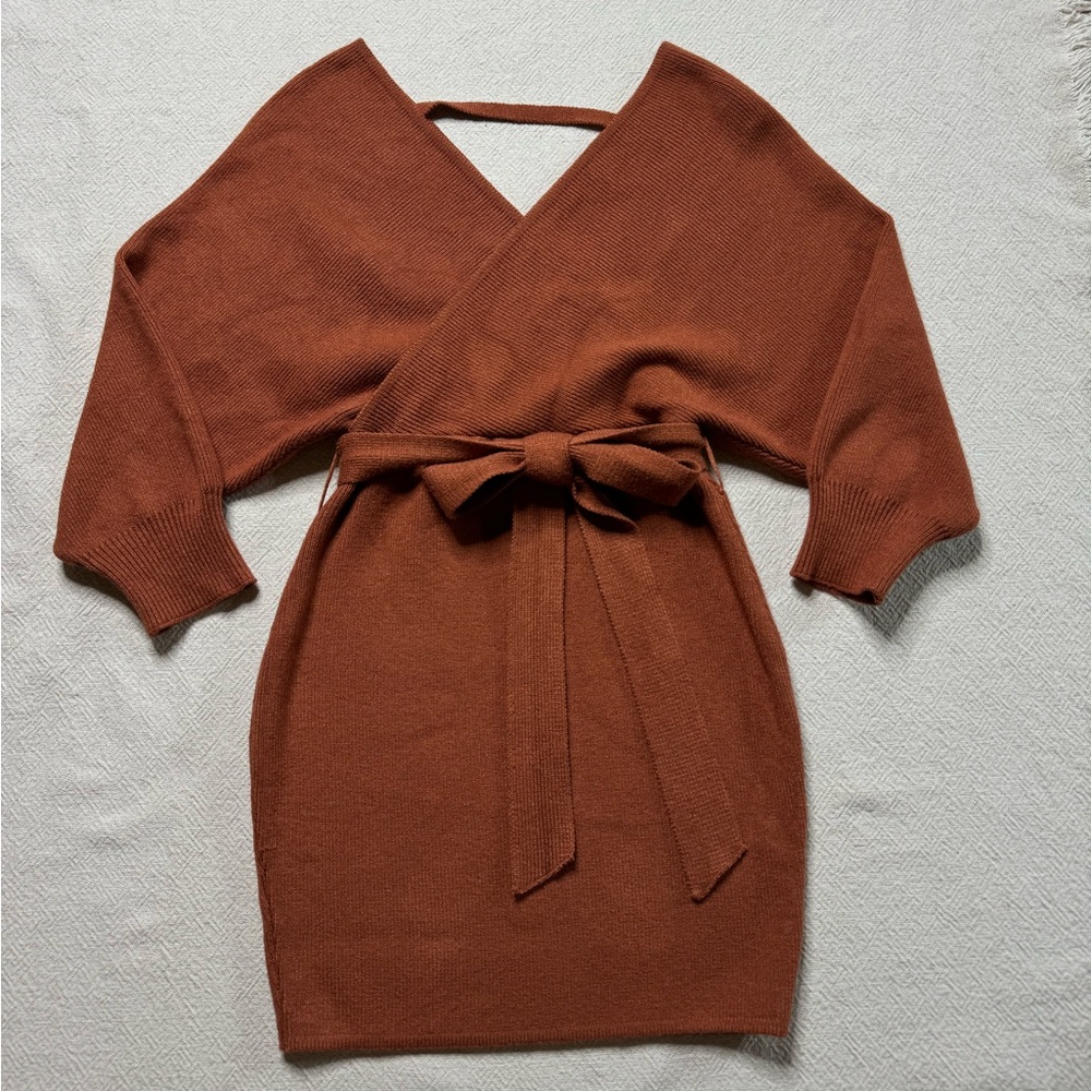 Lulus Modena Rust Brown Knit Dolman Sleeve Bodycon Sweater Dress M - Picture 2 of 8